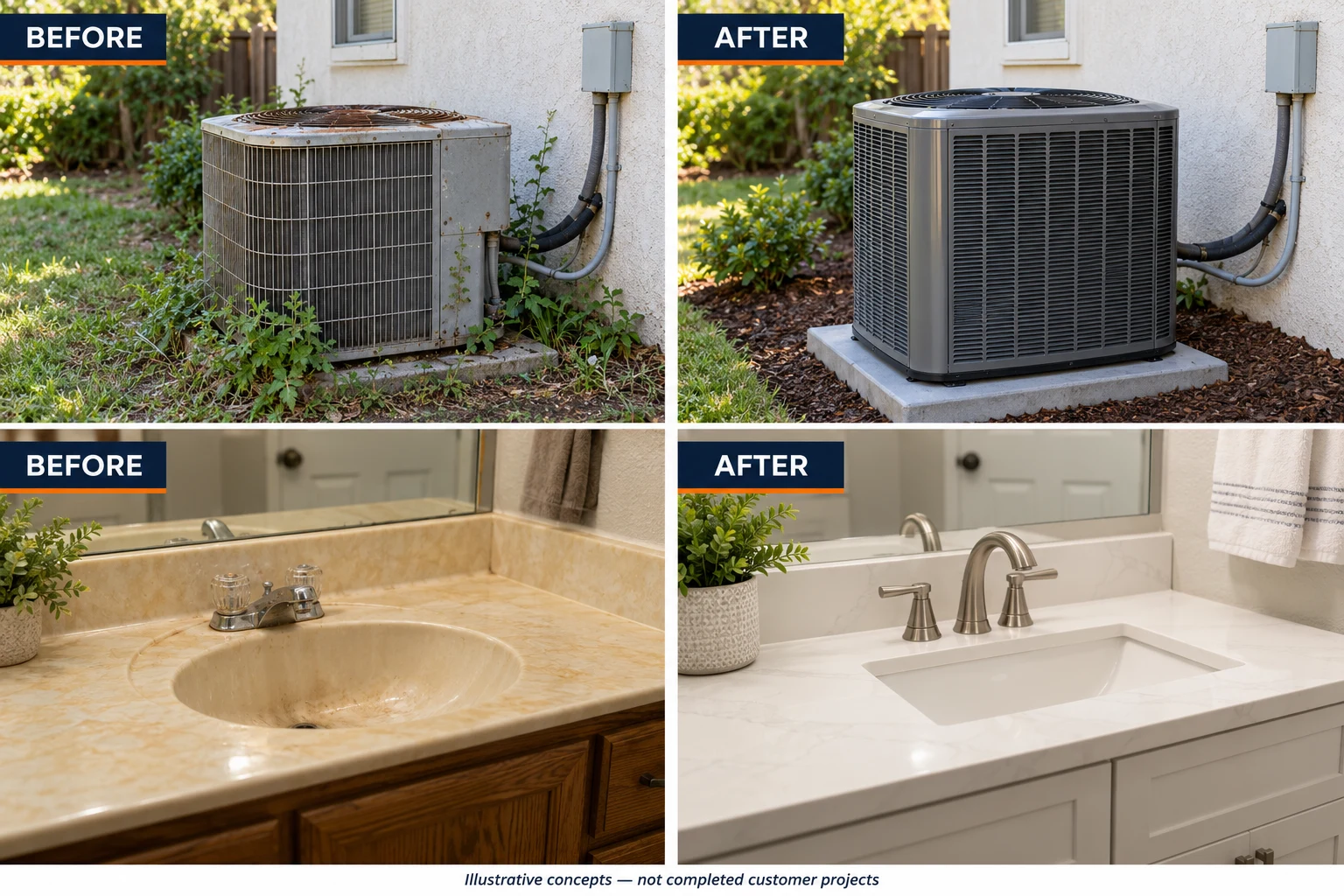 AI-generated illustrative air conditioning and bathroom fixture upgrade concepts; not completed JC projects.