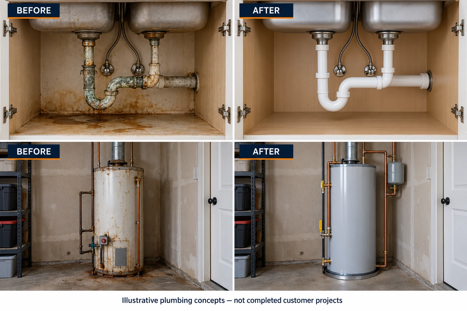 AI-generated illustrative concepts of under-sink pipe repair and a water heater upgrade; not completed JC projects.